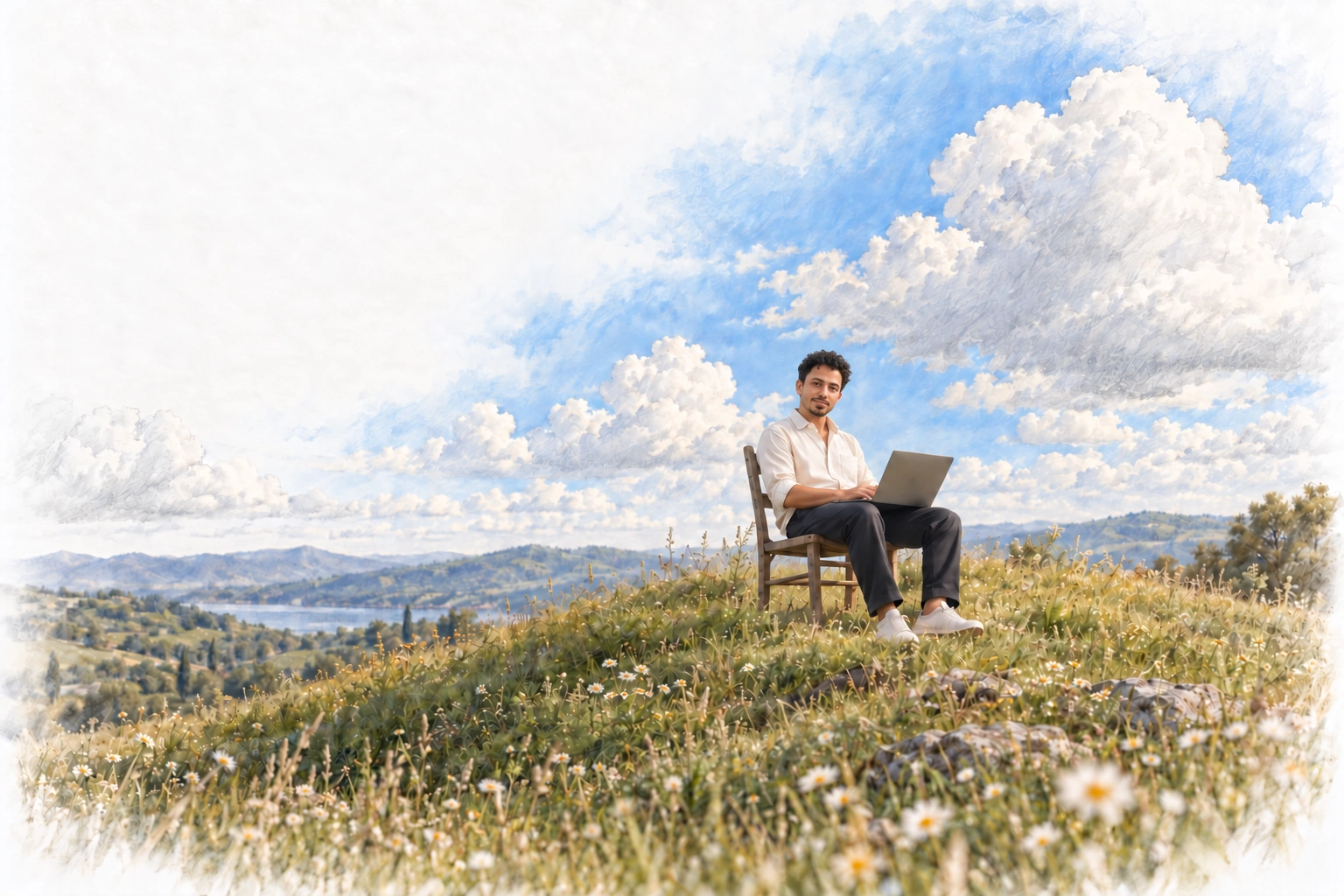 An illustrated outdoor portrait of Eslam sitting with his laptop on a grassy hill beneath a cloud-filled sky.